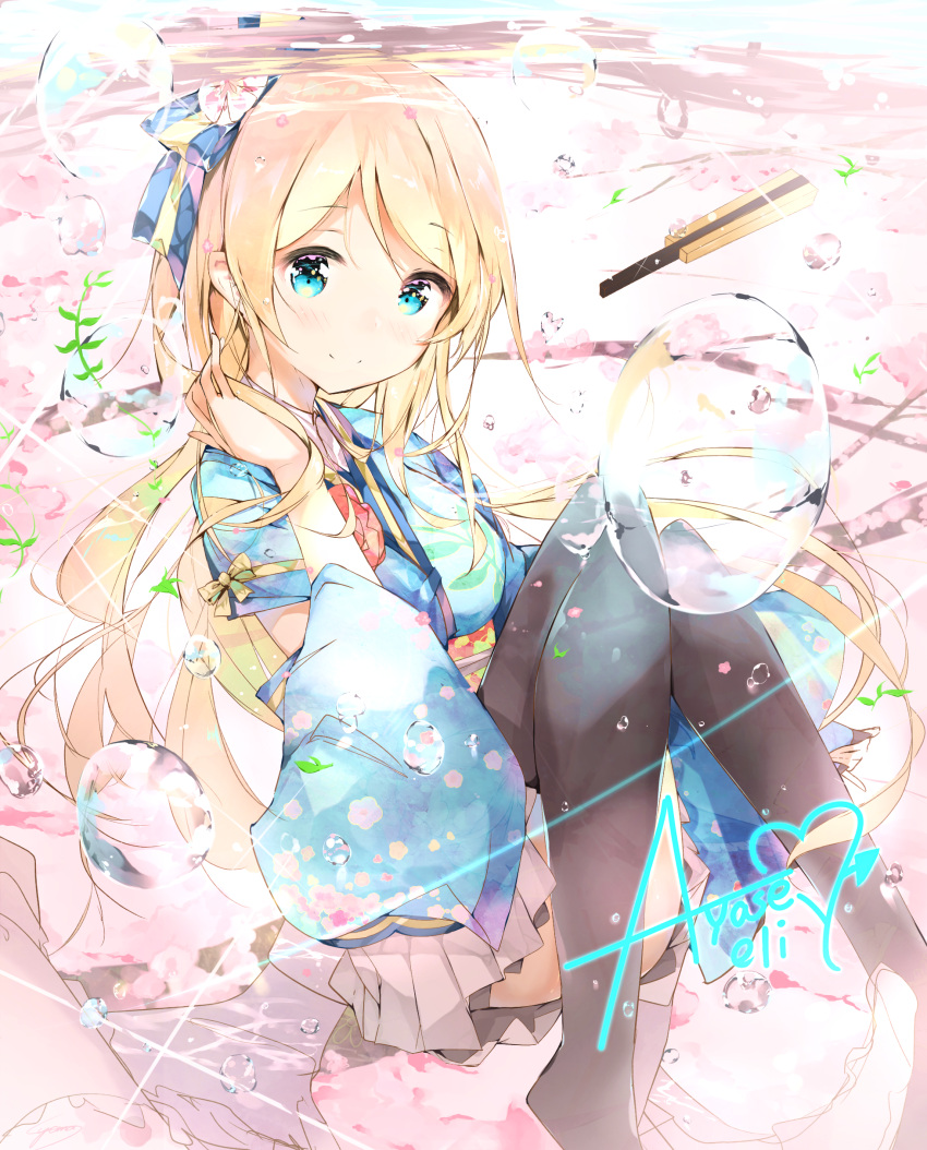 1girl absurdres alternate_hairstyle ayase_eli bangs blonde_hair blue_eyes branch bubble character_name cherry_blossoms corsage detached_sleeves fan floral_print hair_ribbon hand_on_neck highres in_water japanese_clothes long_hair love_live! love_live!_school_idol_project ribbon shouma_(1026syoma) sitting smile solo sparkle sparkling_eyes thigh-highs water