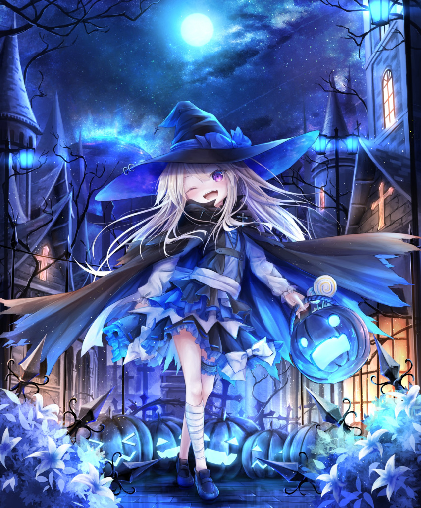 &gt;_&lt; 1girl ;d bandage bandaged_leg bandages bangs black_cape black_hat black_skirt black_vest blue_bow blue_cape blue_footwear blush bow building candy cape commentary_request crossed_legs eyebrows_visible_through_hair fangs flower food frilled_skirt frills full_moon grey_hair hair_between_eyes halloween halloween_basket hat hat_bow head_tilt highres holding jack-o'-lantern lamppost legs_crossed loafers lollipop long_hair long_sleeves looking_at_viewer moon multicolored multicolored_cape multicolored_clothes night night_sky no_socks one_eye_closed open_mouth original outdoors ribbon-trimmed_skirt ribbon_trim shirt shoes skirt sky smile solo standing star_(sky) starry_sky swirl_lollipop tower utatanecocoa very_long_hair vest violet_eyes watson_cross white_flower white_shirt window witch_hat