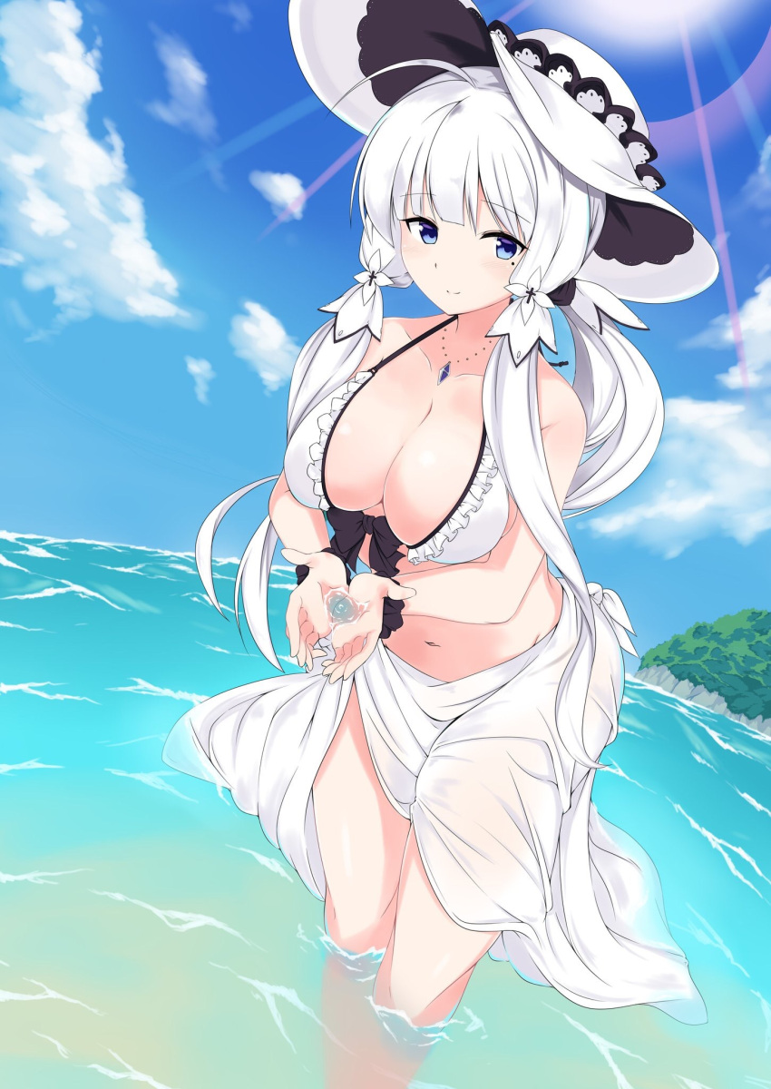 1girl ahoge azur_lane bikini blue_eyes blush breasts cleavage collarbone hair_ornament hat highres illustrious_(azur_lane) large_breasts long_hair looking_at_viewer mamizu navel ocean simple_background smile solo standing swimsuit white_hair