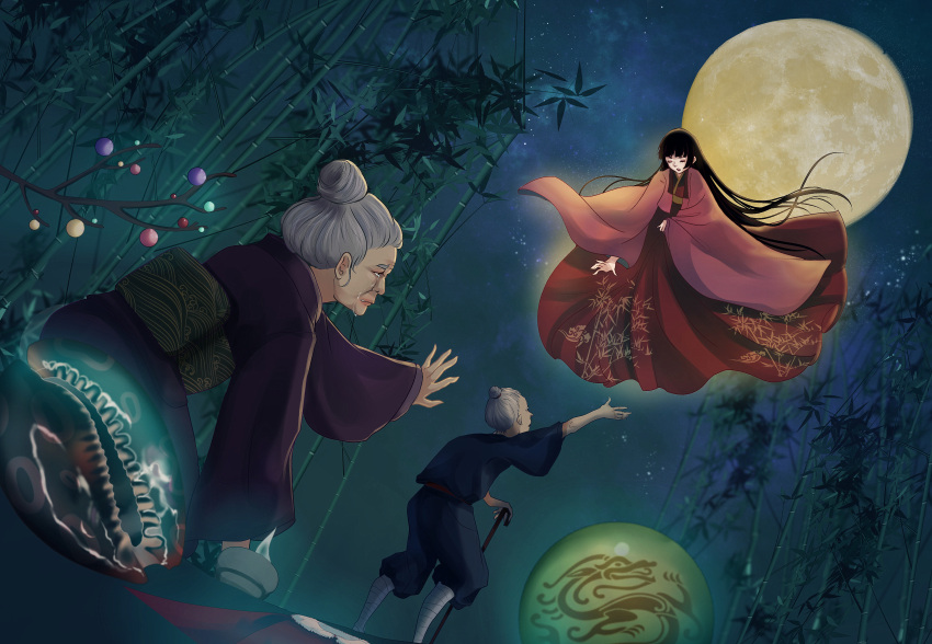 1boy 2girls absurdres arm_support arm_up aura bamboo bamboo_forest bamboo_print bangs black_hair blunt_bangs bowl branch cane closed_eyes commentary_request conch crying dutch_angle flying forest from_behind full_moon glowing grey_hair hair_blowing hair_bun highres hime_cut houraisan_kaguya japanese_clothes jeweled_branch_of_hourai kimono leg_wrap long_hair looking_at_another moon multiple_girls nature night night_sky nomi_mochigome obi old_man old_woman outdoors reaching red_skirt sash seiza sitting skirt sky standing star_(sky) starry_sky streaming_tears taketori_monogatari tears topknot touhou veranda very_long_hair