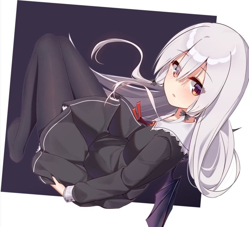 1girl :o bat_wings black_dress black_legwear bolo_tie ddt_(darktrident) dress eyebrows_visible_through_hair from_above full_body hair_ribbon highres long_hair long_sleeves looking_at_viewer looking_back orange_eyes pantyhose petticoat ribbon silver_hair slit_pupils solo sophie_twilight tonari_no_kyuuketsuki-san tress_ribbon very_long_hair wings