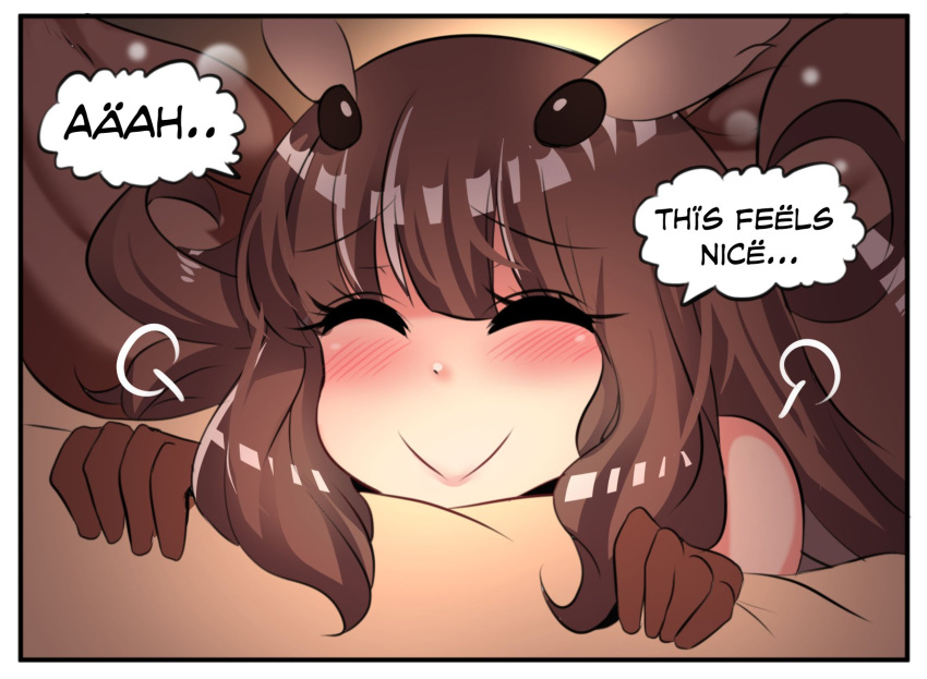 1girl bangs blush brown_gloves brown_hair bug close-up closed_eyes comic english eyebrows_visible_through_hair eyes_visible_through_hair gloves highres hinghoi insect long_hair monster_girl moth_girl moth_wings original smile solo speech_bubble wings