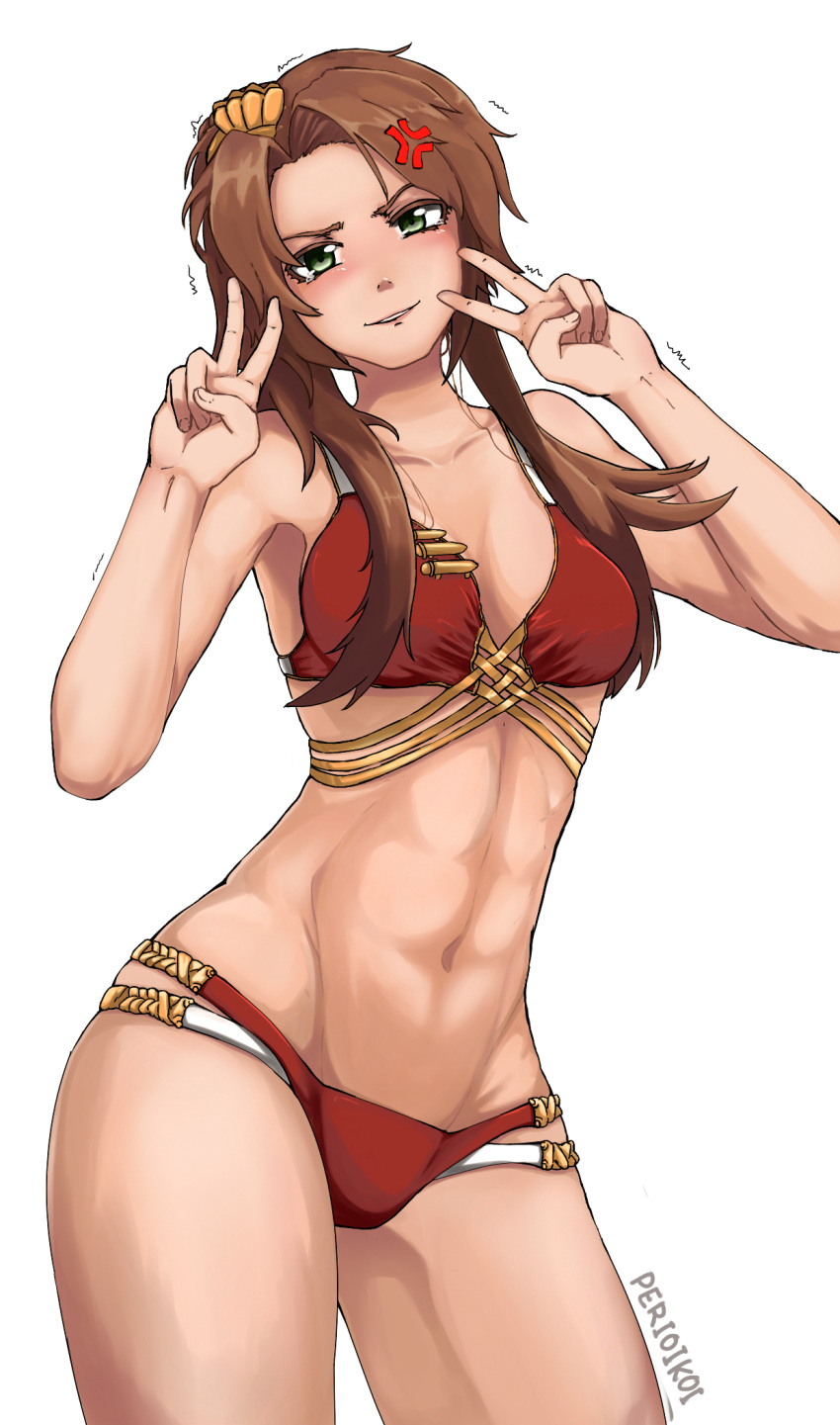 1girl abs anger_vein artist_name bangs bikini breasts brown_hair double_v girls_frontline green_eyes groin highres lee-enfield_(girls_frontline) long_hair medium_breasts navel perioikoi solo swept_bangs swimsuit trembling v white_background