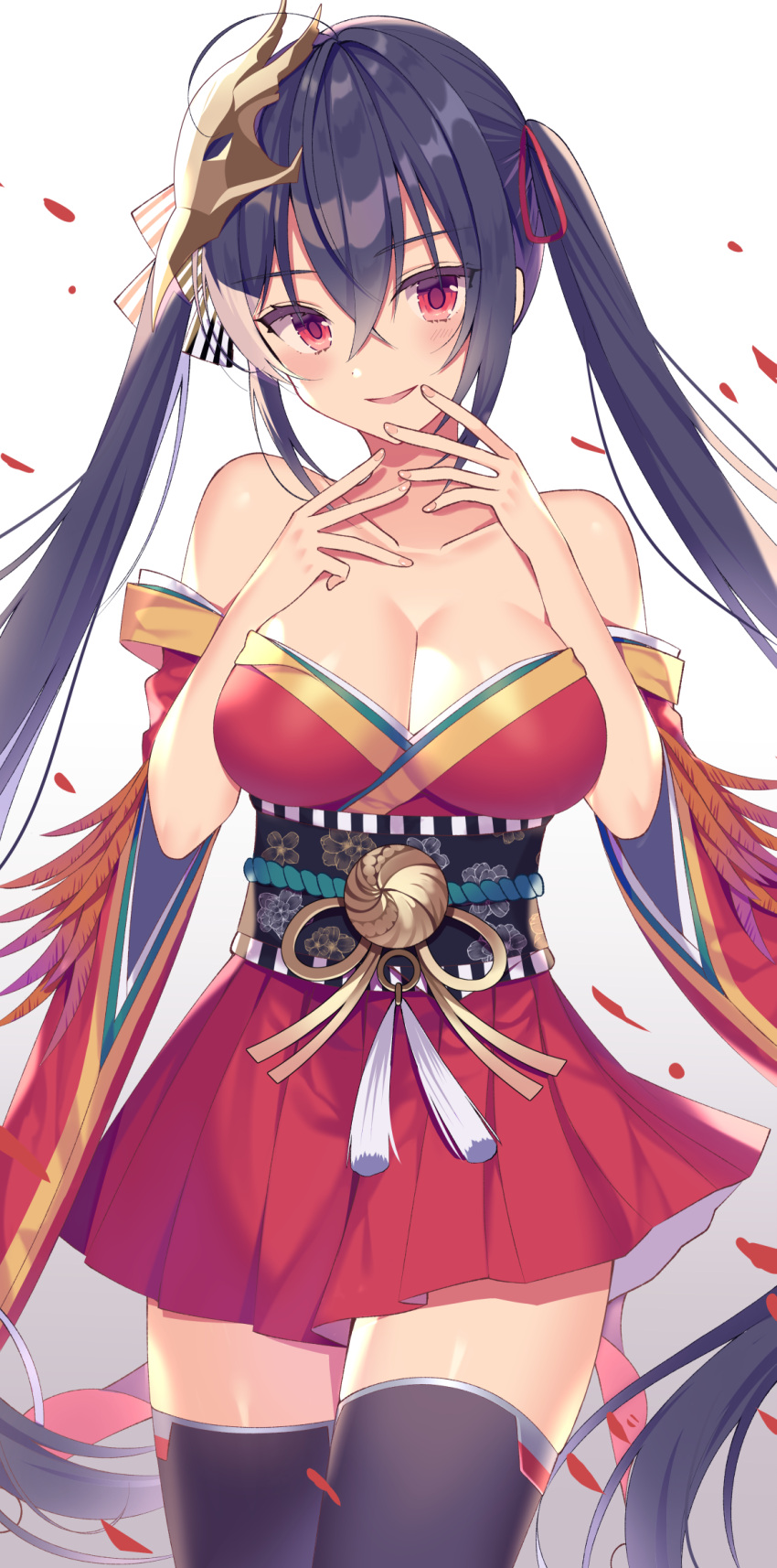 1girl :d azur_lane bangs bare_shoulders black_hair black_legwear blush breasts cleavage collarbone cowboy_shot eyebrows_visible_through_hair feather_trim fingernails gradient gradient_background grey_background hair_between_eyes hair_ribbon head_tilt highres izumo_neru japanese_clothes kimono large_breasts long_hair looking_at_viewer mask mask_on_head obi off_shoulder open_mouth petals red_eyes red_kimono red_ribbon ribbon sash sidelocks smile solo taihou_(azur_lane) tassel thigh-highs twintails very_long_hair white_background wide_sleeves zettai_ryouiki