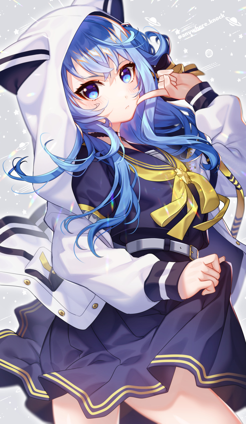 1girl absurdres animal_hood anywhere_knock bangs belt blue_eyes blue_hair blue_sailor_collar blue_shirt blue_skirt blush closed_mouth commentary_request cowboy_shot finger_to_cheek grey_belt hand_up highres hololive hood hood_up hooded_jacket hoshimachi_suisei jacket long_hair long_sleeves looking_at_viewer neck_ribbon open_clothes open_jacket ribbon sailor_collar school_uniform serafuku shirt skirt skirt_hold solo standing star_(symbol) star_in_eye symbol_in_eye twitter_username virtual_youtuber white_jacket yellow_ribbon