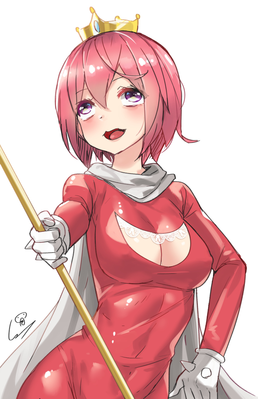 1girl bodysuit breasts cleavage_cutout crown genderswap genderswap_(mtf) gloves hair_between_eyes highres lace_trim medium_breasts meme red_bodysuit redhead rolling_eyes scarf short_hair solo spikes staff ugandan_knuckles violet_eyes vrchat wet.elephant white_background white_gloves white_scarf