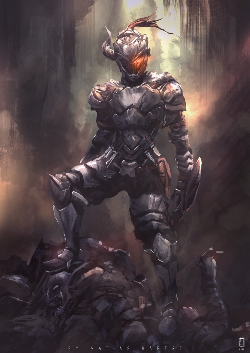 1boy absurdres armor breastplate buckler commentary completion_time corpse english_commentary faulds full_armor full_body glowing glowing_eye goblin goblin_slayer goblin_slayer! greaves helmet highres horn horned_helmet huge_filesize male_focus matias_habert pauldrons shield solo