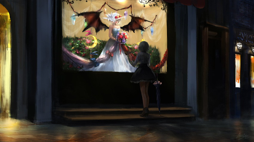 2girls against_glass bangs bare_shoulders bat_wings blue_bow blue_ribbon bouquet bow breasts brown_bow chains commentary_request crescent_moon crystal dark dress flower frilled_skirt frills from_behind full_body grey_hair hand_on_glass hat hat_ornament high_heels highres holding holding_bouquet izayoi_sakuya lantern lips long_sleeves looking_at_another miniskirt moon multiple_girls night outdoors pink_ribbon red_bow red_ribbon remilia_scarlet ribbon road see-through shirt shop short_hair skirt small_breasts standing strapless street touhou umbrella white_dress white_hat white_shirt window wings yuriya_(riyuclock_19)