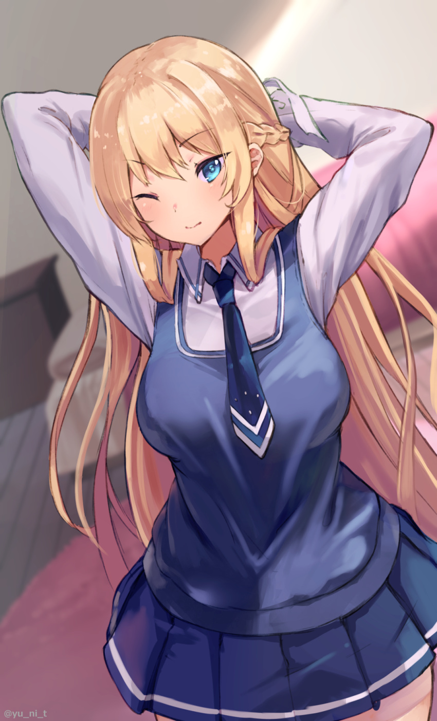 1girl ;) arms_behind_head arms_up azur_lane bed blonde_hair blue_eyes blue_neckwear blue_skirt blue_vest blurry blurry_background blush braid breasts carpet closed_mouth collared_shirt commentary_request cowboy_shot depth_of_field dutch_angle eyebrows_visible_through_hair french_braid glorious_(azur_lane) hairdressing highres indoors large_breasts long_hair long_sleeves miniskirt necktie one_eye_closed pleated_skirt shirt skirt smile solo straight_hair twitter_username v-shaped_eyebrows very_long_hair vest white_legwear wing_collar yu_ni_t