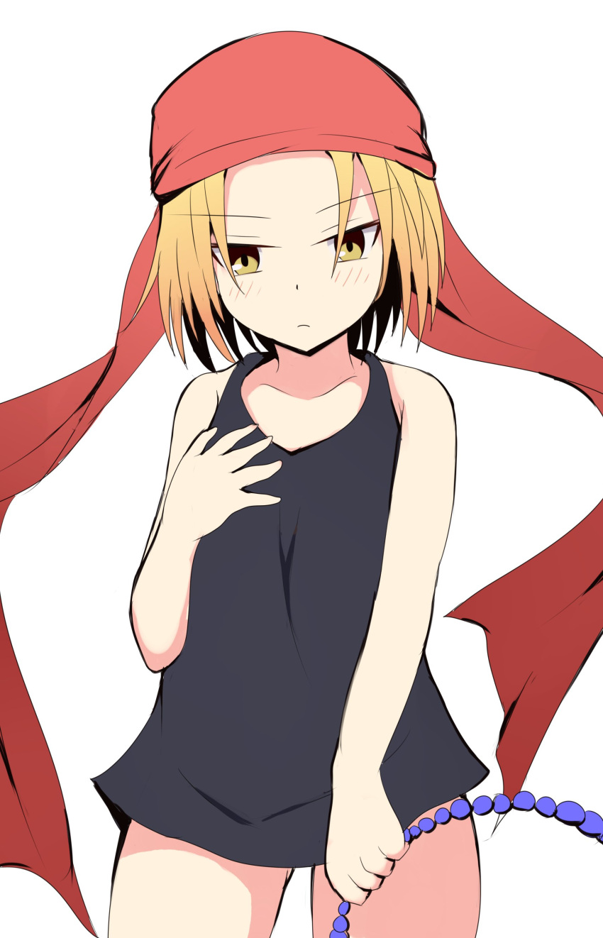 1girl absurdres bandanna bangs bare_arms bare_shoulders beads black_tank_top blonde_hair blush brown_eyes closed_mouth collarbone commentary_request copyright_request cowboy_shot forehead hand_up head_tilt highres holding kyouyama_anna light_frown mitchi parted_bangs red_bandana shaman_king short_hair simple_background solo tank_top white_background