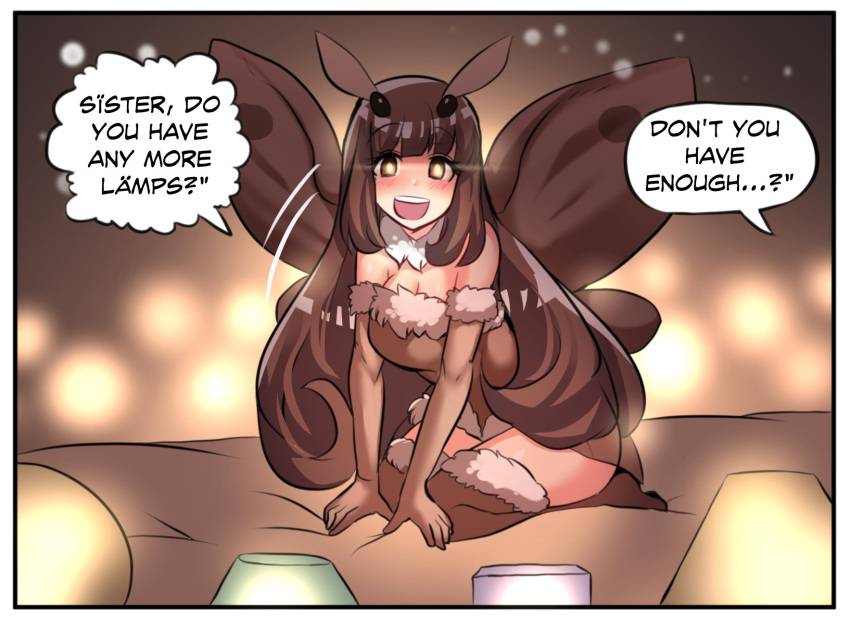 1girl bangs blush breasts brown_eyes brown_gloves brown_hair bug cleavage comic elbow_gloves english eyebrows_visible_through_hair full_body fur_trim gloves glowing glowing_eyes highres hinghoi insect kneeling lamp long_hair monster_girl moth_girl moth_wings open_mouth original smile solo speech_bubble wings