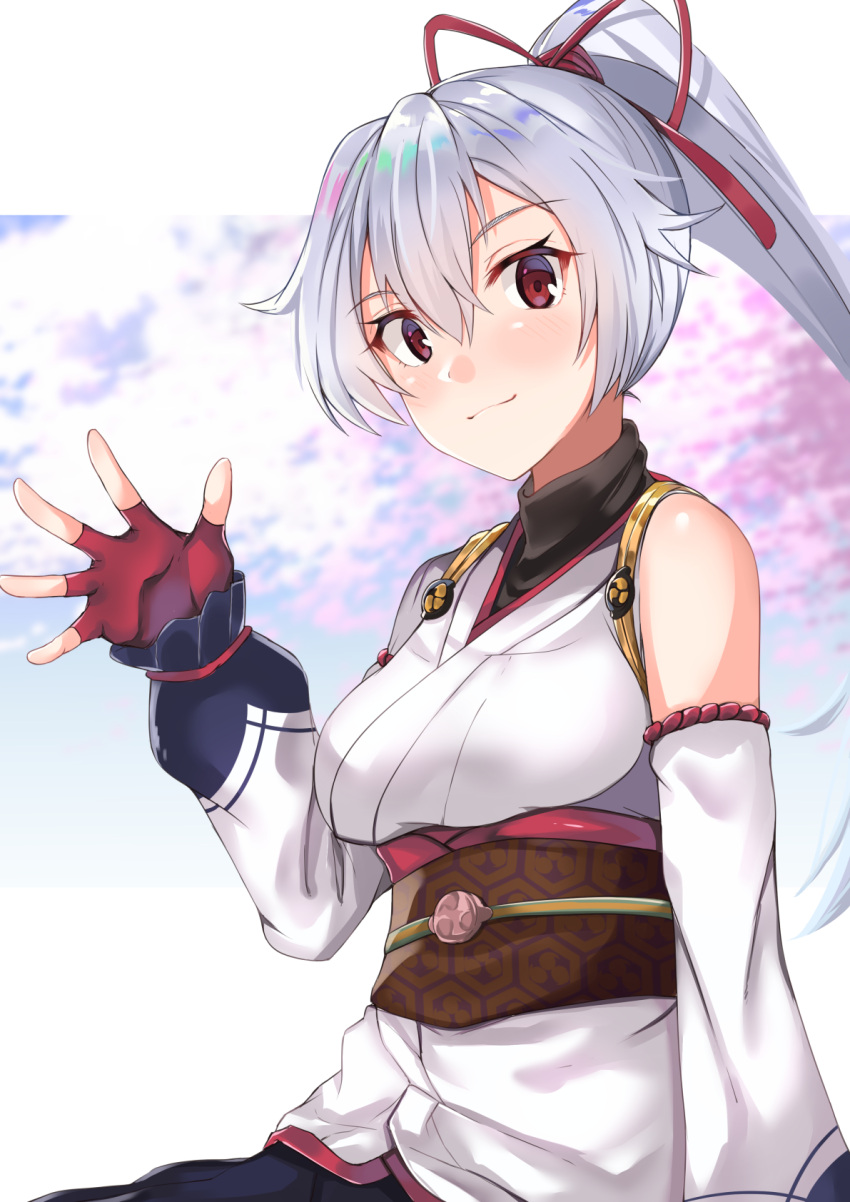 1girl armor bare_shoulders blush breasts detached_sleeves fate/grand_order fate_(series) fingerless_gloves gloves grey_hair hair_between_eyes hair_ribbon highres japanese_clothes kimono long_hair long_sleeves looking_at_viewer medium_breasts mitsudomoe_(shape) outdoors ponytail red_eyes red_ribbon ribbon sash short_kimono sitting smile solo tapioka_(oekakitapioka) tomoe_(symbol) tomoe_gozen_(fate/grand_order) waving white_kimono