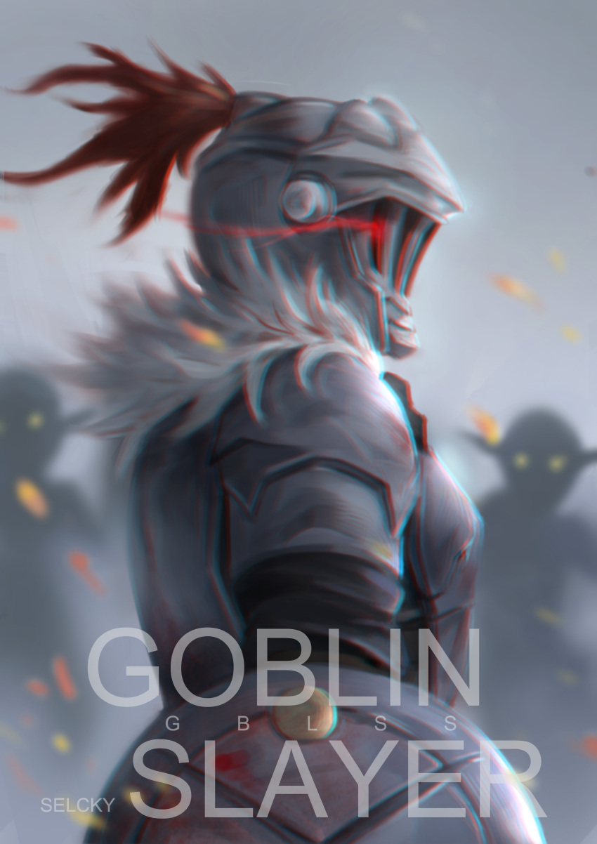 1boy absurdres armor full_armor fur_collar fur_trim glowing glowing_eye goblin goblin_slayer goblin_slayer! helmet highres knight plume red_eyes selcky shield upper_body