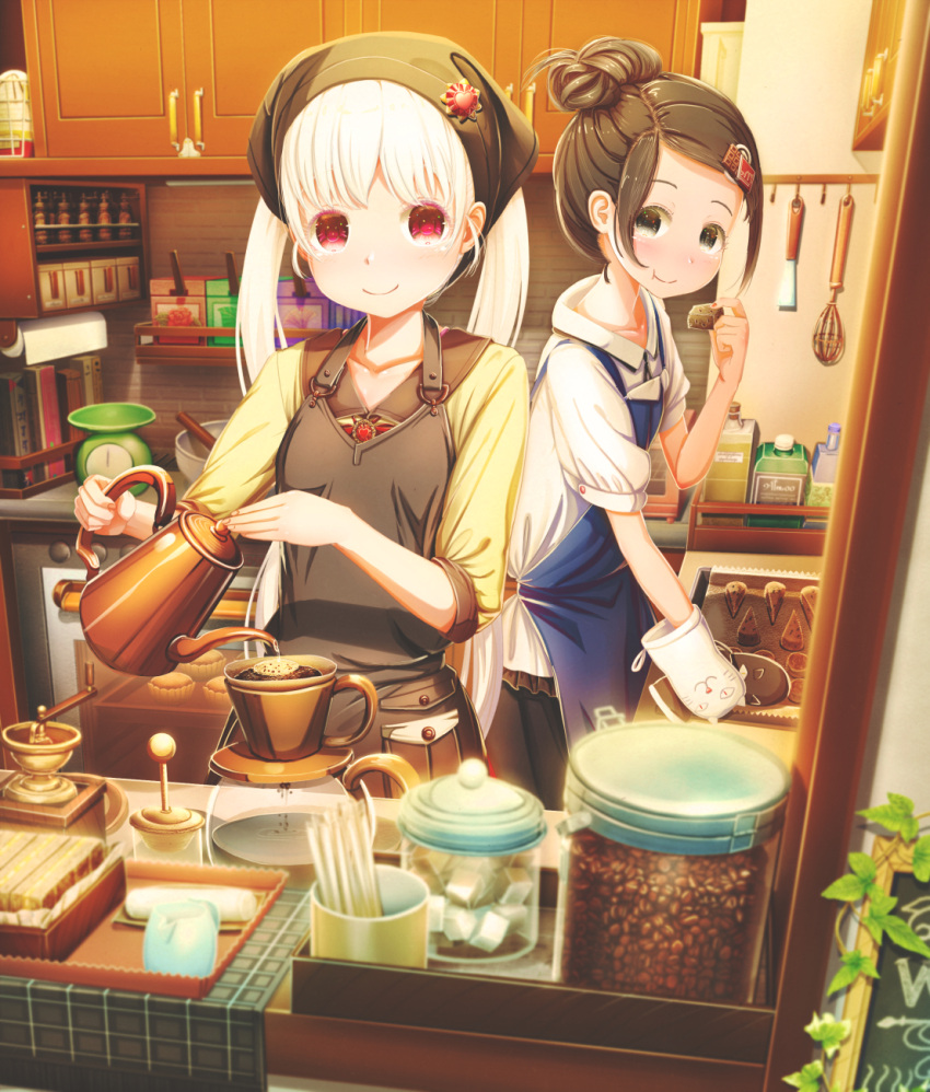 2girls abo_(kawatasyunnnosukesabu) apron bangs black_apron blonde_hair blue_apron blush bottle bowl brown_eyes brown_hair cabinet coffee coffee_beans coffee_grinder collarbone commentary_request eating from_outside hair_bun hair_ornament head_scarf highres jar kitchen kitchen_scale long_hair looking_at_viewer multiple_girls original oven_mitts plant red_eyes shelf shirt sidelocks sign smile teapot twintails vines weighing_scale whisk white_shirt window yellow_shirt