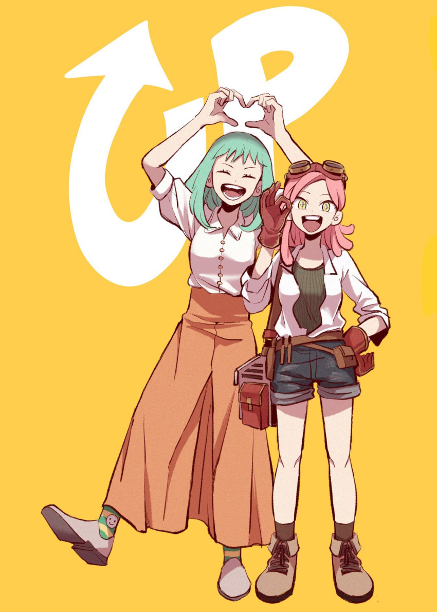 +_+ 2girls :d bag black_undershirt boku_no_hero_academia boots brown_gloves brown_skirt closed_eyes eyelashes fukukado_emi gloves goggles goggles_on_head green_hair hatsume_mei heart heart_hands highres jamyongja long_skirt medium_hair multiple_girls ok_sign open_clothes open_mouth open_shirt orange_background pink_hair shirt short_sleeves shorts shoulder_bag skirt smile smiley_face striped striped_legwear symbol-shaped_pupils tool_belt white_shirt yellow_eyes