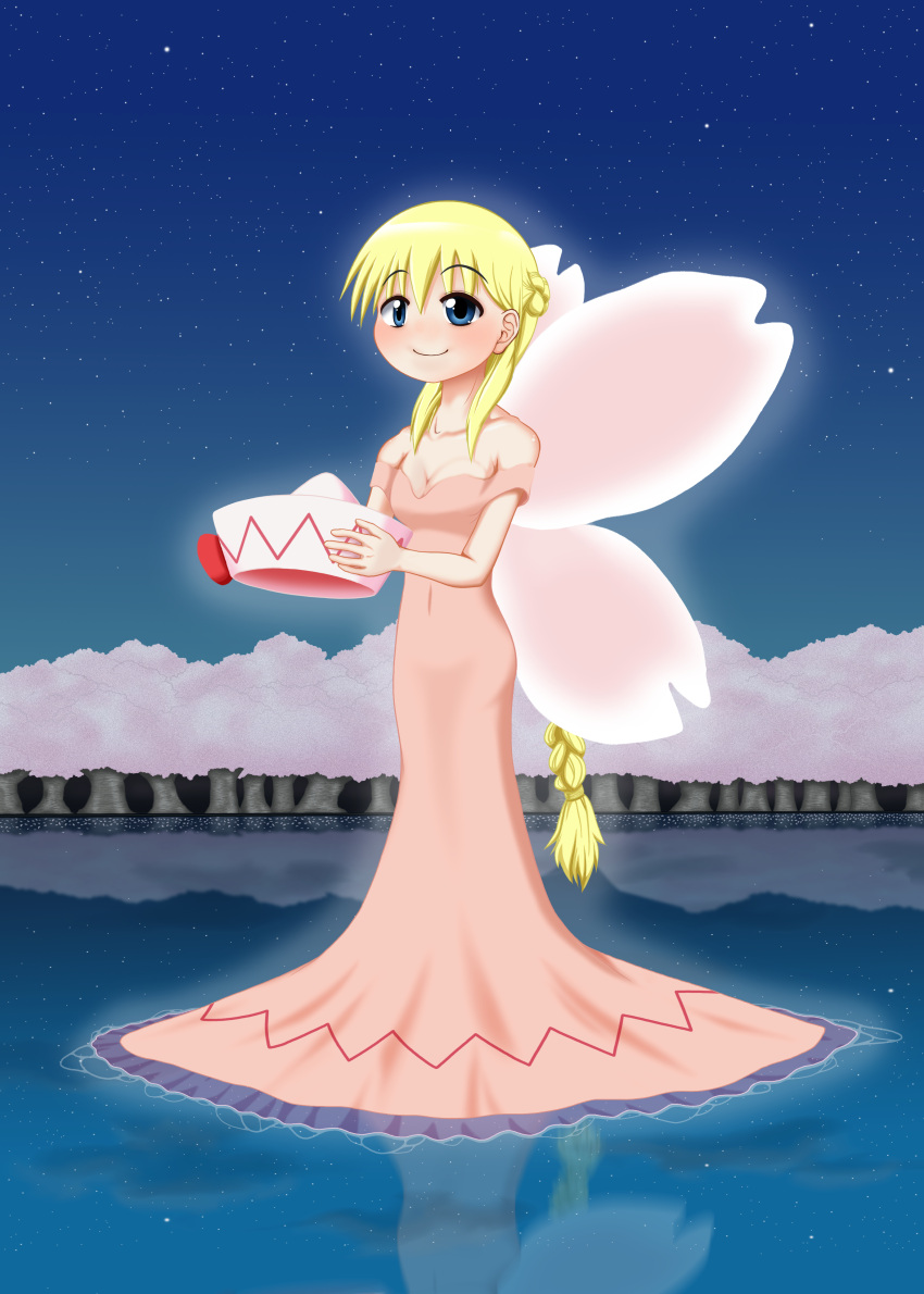1girl absurdres alternate_costume alternate_hairstyle bare_shoulders blonde_hair blue_eyes blush braided_ponytail breasts cherry_blossoms cleavage collarbone commentary_request dress eyebrows_visible_through_hair fairy_wings forest hair_between_eyes hat headwear_removed highres holding holding_hat lake lily_white long_hair looking_at_viewer nature night night_sky outdoors pink_dress ponytail rakugaki-biyori reflection sky small_breasts solo standing standing_on_liquid star_(sky) starry_sky strapless strapless_dress touhou wings