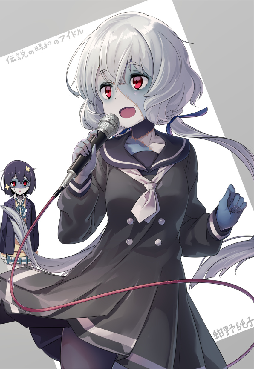 2girls :d :o arms_at_sides bangs black_dress black_hair black_nails blazer blue_bow blue_neckwear blue_ribbon bow bowtie cowboy_shot dress eyebrows_visible_through_hair fingernails grey_hair hair_ornament hair_ribbon highres holding holding_microphone jacket konno_junko long_hair long_sleeves looking_away looking_to_the_side loose_neckwear low_twintails microphone mizuno_ai multiple_girls music nail_polish neckerchief open_clothes open_jacket open_mouth plaid plaid_skirt pleated_dress red_eyes ribbon sailor_dress school_uniform shiny shiny_hair singing skirt smile solo_focus stitches translated twintails two-tone_background very_long_hair white_neckwear yoshika_(music480069) zombieland_saga