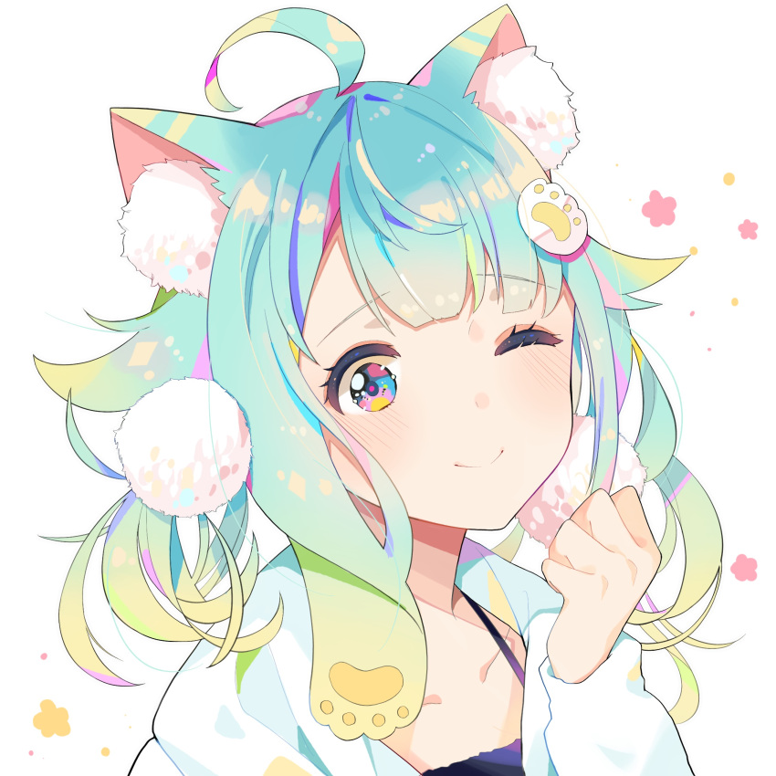 1girl ;) animal_ear_fluff animal_ears aqua_hair bangs blue_eyes blush camisole cat_ears closed_mouth collarbone eyebrows_visible_through_hair hair_ornament hand_up highres hood hood_down hooded_jacket jacket long_hair long_sleeves mao_ge multicolored multicolored_eyes one_eye_closed open_clothes open_jacket original paw_hair_ornament pink_eyes purple_camisole simple_background smile solo white_background white_jacket