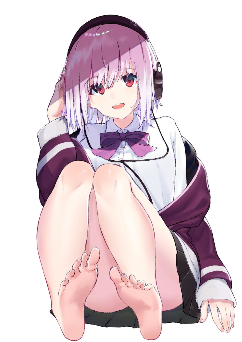 1girl barefoot breasts eyebrows_visible_through_hair headphones highres jacket large_breasts lavender_hair long_sleeves looking_at_viewer open_clothes open_mouth purple_jacket red_eyes school_uniform shinjou_akane shirt short_hair simple_background skirt smile solo ssss.gridman takubon_(xewh4773) white_background white_hair white_shirt