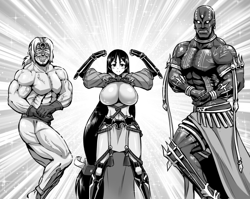 1girl 2boys abs armlet armor bald belt biceps blush bodysuit breasts darius_iii_(fate/grand_order) dark_skin earrings fate/grand_order fate_(series) flexing gloves grin huge_breasts japanese_armor jewelry kanno_takanori kote long_hair low-tied_long_hair mask minamoto_no_raikou_(fate/grand_order) multiple_boys muscle no_pupils pectorals ponytail pose shirtless smile sparkle spartacus_(fate) standing tattoo teeth trait_connection veins very_long_hair