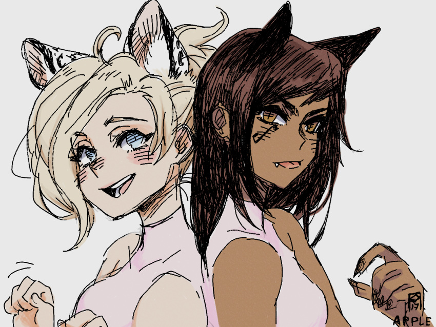 2girls animal_ears apple_(appleuniversing) artist_name blonde_hair blue_eyes blush breasts brown_eyes brown_hair cat_ears commentary dark_skin dress english_commentary eye_of_horus facial_tattoo fang flat_color grey_background grin hand_up hands_up long_hair looking_at_viewer mercy_(overwatch) multiple_girls nose_blush overwatch paw_pose pharah_(overwatch) pink_dress short_hair simple_background sleeveless sleeveless_dress small_breasts smile tattoo teeth tongue tongue_out upper_body