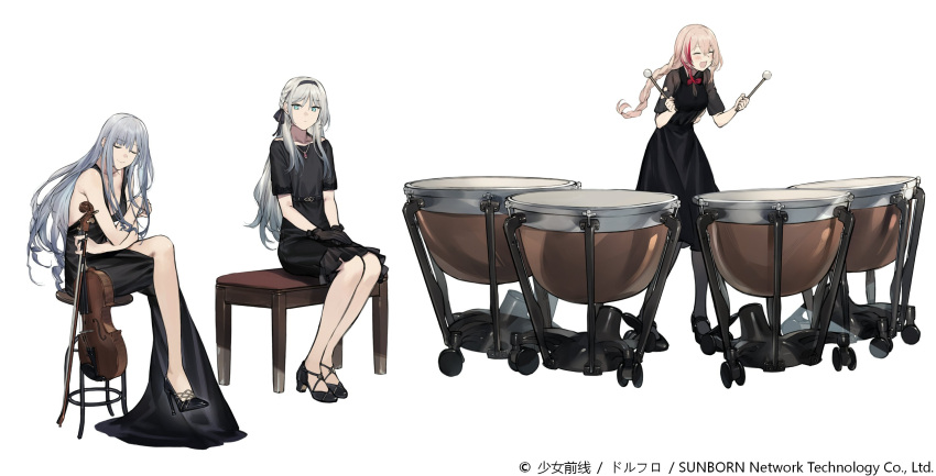 3girls :d ak-12_(girls_frontline) alternate_hairstyle an-94_(girls_frontline) bangs belt black_dress black_footwear black_gloves black_legwear black_ribbon blue_eyes blush bow bowtie braid breasts chair closed_eyes collarbone defy_(girls_frontline) dress duoyuanjun eyebrows_visible_through_hair french_braid full_body girls_frontline gloves grey_hair hair_between_eyes hair_ribbon hands_on_lap high_heels highres holding_drumsticks instrument jewelry leaning_forward legs_crossed long_hair looking_at_viewer m4_sopmod_ii_(girls_frontline) mary_janes medium_breasts multicolored_hair multiple_girls necklace official_art open_mouth pantyhose pink_hair red_neckwear redhead ribbon ruby_(stone) shoes silver_hair simple_background single_braid sitting smile standing stool streaked_hair timpani violin watermark white_background