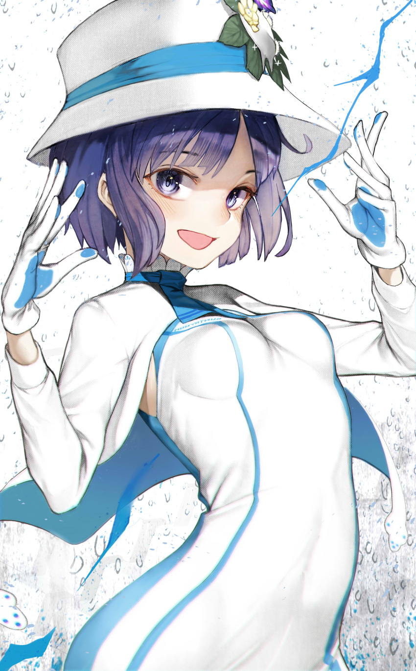 1girl :d absurdres bangs blue_neckwear blush breasts capelet clothes_writing commentary_request dress eyebrows_visible_through_hair flower gloves hands_up hat hat_flower hat_ribbon highres long_sleeves looking_at_viewer nyatabe open_mouth purple_hair ribbon short_hair small_breasts smile solo suntory suntory_nomu upper_body violet_eyes virtual_youtuber white_dress white_gloves white_hat
