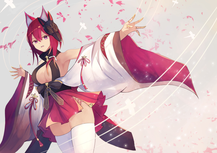 1girl animal_ears azur_lane bare_shoulders breasts center_opening chitose_(azur_lane) claw_ring fox_mask hair_between_eyes hane_(feathe02) highres hut looking_at_viewer mask mask_on_head medium_breasts red_skirt redhead skindentation skirt solo thigh-highs violet_eyes white_legwear wide_sleeves zettai_ryouiki