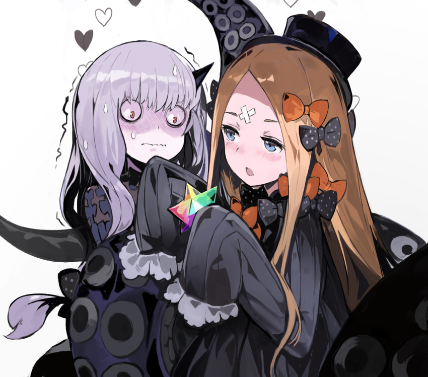 2girls abigail_williams_(fate/grand_order) andrian_gilang bags_under_eyes bangs black_bow black_dress black_hat blonde_hair blue_eyes bow dress fate/grand_order fate_(series) forehead hat heart horn lavinia_whateley_(fate/grand_order) multiple_girls orange_bow pale_skin parted_bangs polka_dot polka_dot_bow saint_quartz sleeves_past_fingers sleeves_past_wrists sweat tentacle wavy_mouth