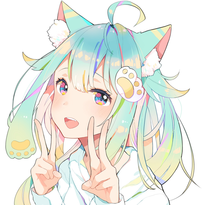 1girl :d ahoge animal_ear_fluff animal_ears aqua_hair bangs blush cat_ears double_v eyebrows_visible_through_hair fang hair_between_eyes hands_up highres hood hood_down hooded_jacket jacket long_hair looking_at_viewer mao_ge open_mouth original paw_hair_ornament simple_background smile solo upper_body v white_background white_jacket