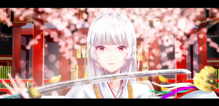 1girl architecture bangs bell blunt_bangs blurry cherry_blossoms commentary_request depth_of_field east_asian_architecture eyebrows_visible_through_hair hankachi_(okayama012) highres holding holding_weapon japanese_clothes jingle_bell kagura_suzu katana kimono letterboxed long_hair looking_at_viewer miko original parted_lips red_eyes reflection shrine sidelocks solo sword tassel upper_body weapon white_hair white_kimono