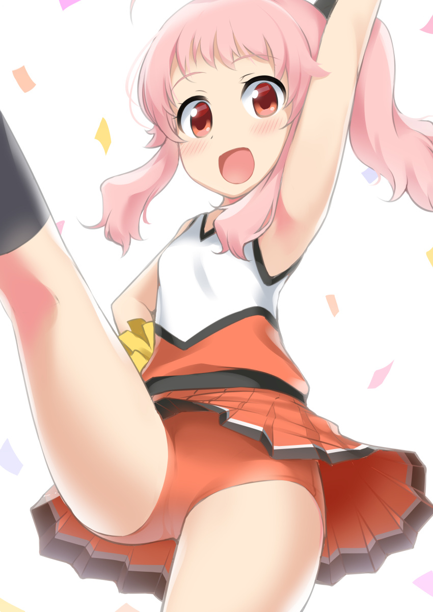 1girl :d absurdres anima_yell! armpits bangs blush cheerleader confetti hand_on_hip hatoya_kohane high_kick highres kicking looking_at_viewer miniskirt mocchi open_mouth orange_skirt pink_hair pleated_skirt pom_poms ponytail red_eyes red_shorts short_shorts shorts shorts_under_skirt skirt smile solo