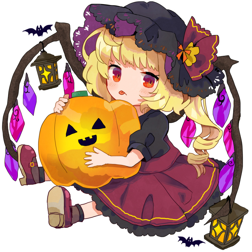 1girl :p alternate_costume bat black_shirt blonde_hair blush chibi commentary_request flandre_scarlet frilled_skirt frills hat hat_ribbon holding_pumpkin jack-o'-lantern lantern looking_at_viewer outstretched_legs puffy_short_sleeves puffy_sleeves red_eyes red_footwear red_skirt ribbon shirt short_hair short_sleeves side_ponytail simple_background sitting sketch skirt solo tamagogayu1998 tongue tongue_out touhou white_background wings