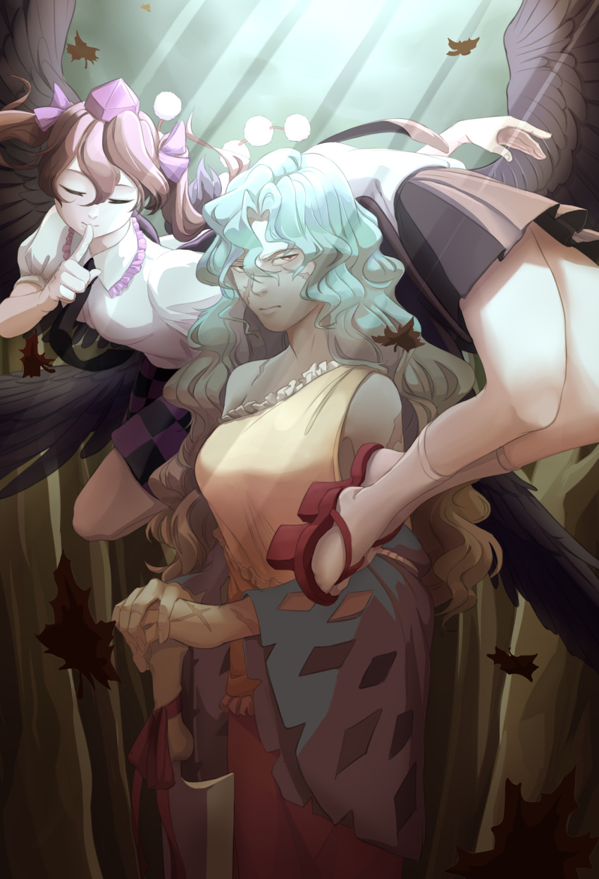 3girls closed_mouth finger_to_mouth floating hand_rest hands_together highres himekaidou_hatate index_finger_raised looking_at_viewer mefomefo multiple_girls sakata_nemuno scar serious shameimaru_aya standing touhou yellow_eyes