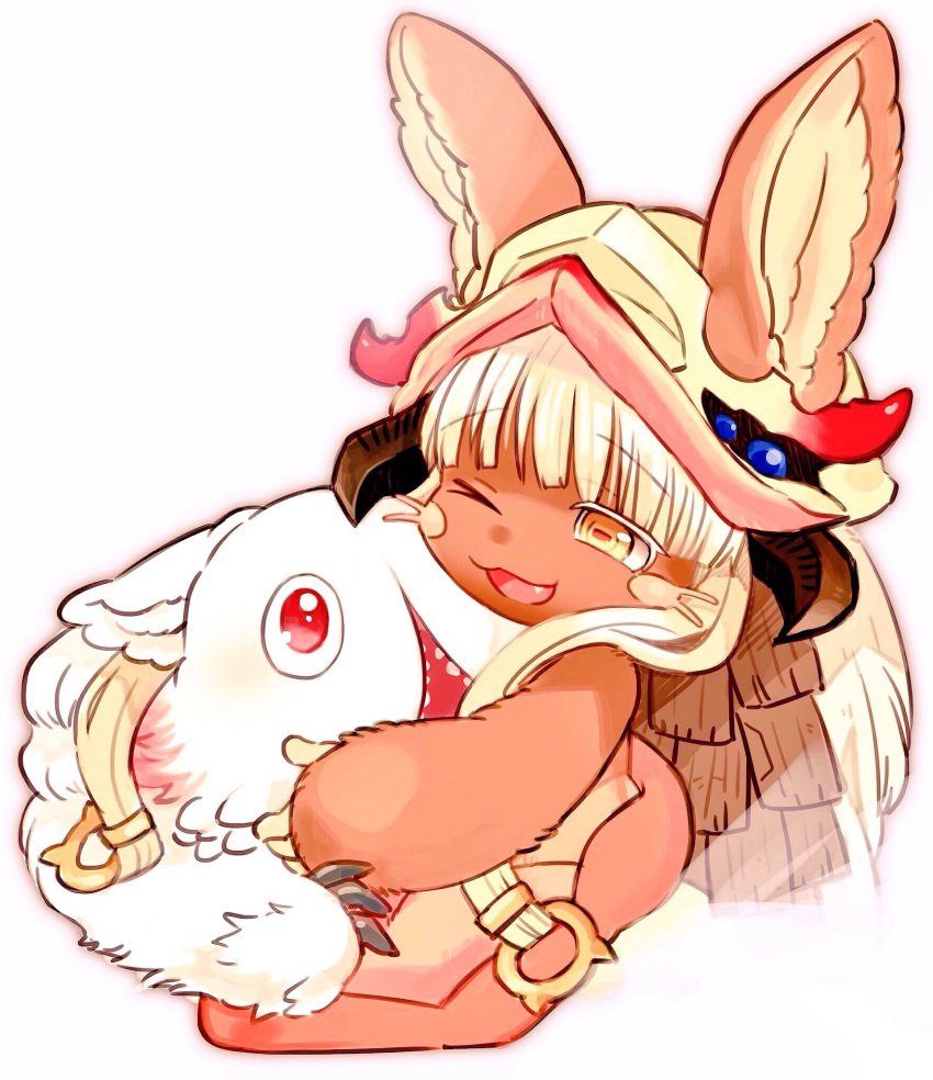 1girl ;3 ;d animal_ears bangs colored_eyelashes eyebrows_visible_through_hair fang fur furry highres horizontal_pupils hug long_hair long_sleeves looking_at_another made_in_abyss mitty_(made_in_abyss) nanachi_(made_in_abyss) one_eye_closed open_mouth rabbit_ears satokichi simple_background smile whiskers white_background white_hair