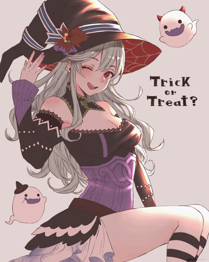 1girl breasts cleavage detached_collar female_my_unit_(fire_emblem_if) fire_emblem fire_emblem_heroes fire_emblem_if ghost grey_background halloween_costume hat highres hoshido1214 long_hair long_sleeves medium_breasts my_unit_(fire_emblem_if) nintendo one_eye_closed open_mouth red_eyes simple_background solo trick_or_treat white_hair witch_hat