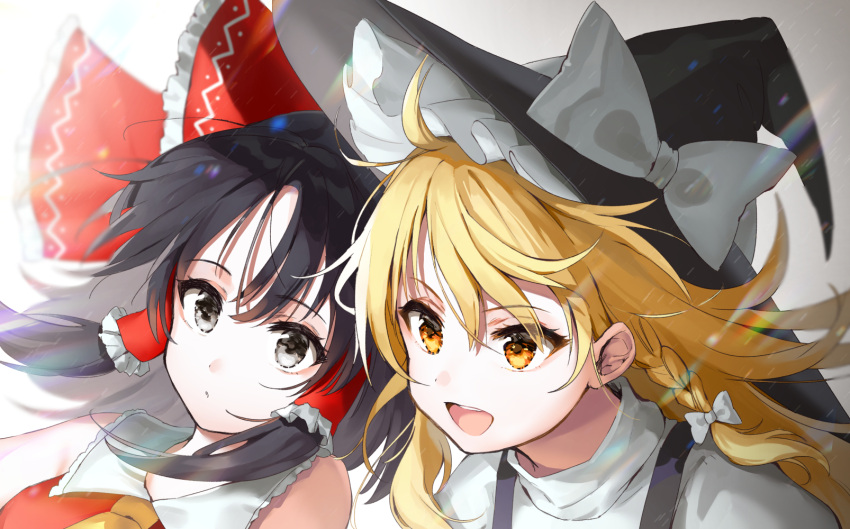2girls :o bare_shoulders black_hair blonde_hair blurry bow braid commentary_request cravat depth_of_field eyebrows_visible_through_hair eyes_visible_through_hair grey_eyes hair_between_eyes hair_blowing hair_bow hair_ribbon hair_tubes hakurei_reimu hat high_collar highres kirisame_marisa kiyosato0928 leaning_forward leaning_to_the_side lens_flare long_hair looking_at_viewer looking_to_the_side medium_hair multiple_girls open_mouth red_vest ribbon shirt sidelocks simple_background single_braid touhou tress_ribbon upper_body vest white_background white_shirt witch_hat yellow_eyes yellow_neckwear
