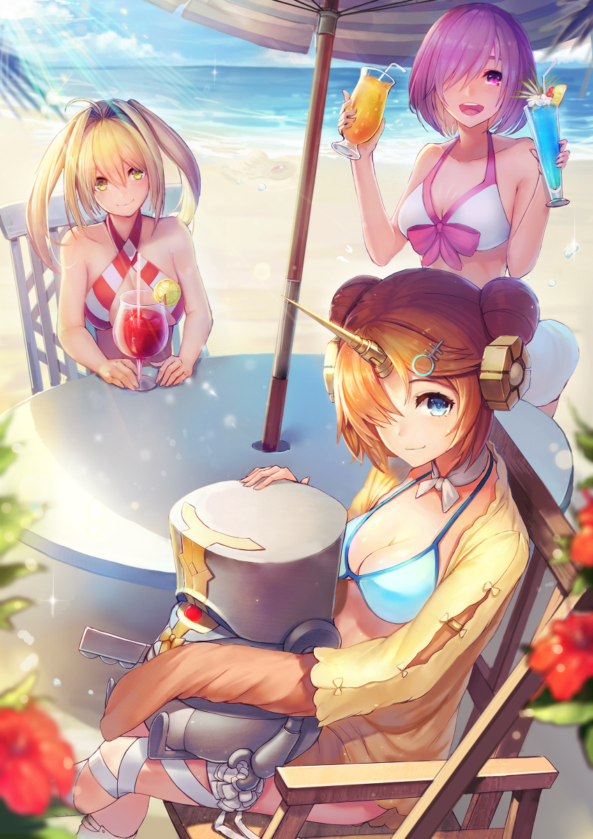 3girls absurdres alternate_costume amano_misaki antenna_hair bangs bare_shoulders beach bikini bikini_top blonde_hair blue_bikini blue_eyes bow_bikini breasts choker cleavage cup drink drinking_glass eyebrows_visible_through_hair fate/grand_order fate_(series) frankenstein's_monster_(fate) green_eyes highres looking_at_viewer mash_kyrielight multiple_girls nero_claudius_(fate)_(all) nero_claudius_(swimsuit_caster)_(fate) ocean open_mouth purple_hair striped striped_bikini summer swimsuit tropical_drink violet_eyes white_bikini