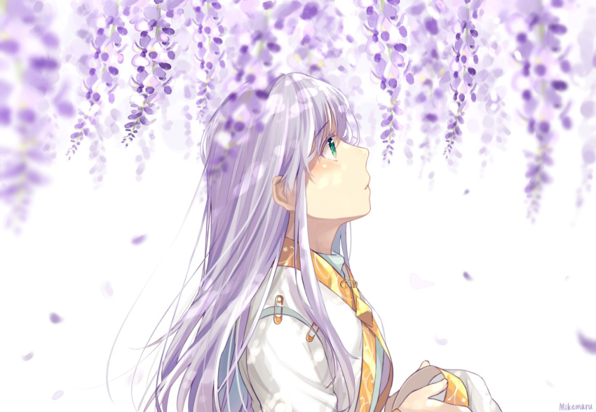 1girl artist_name bangs blurry dappled_sunlight depth_of_field dress flower from_side green_eyes habit headwear_removed index long_hair looking_away looking_up mikemaru_(pixiv17800264) nun petals profile purple_flower purple_hair safety_pin shiny shiny_hair solo sunlight to_aru_majutsu_no_index upper_body wisteria