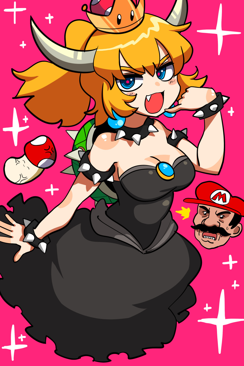 1girl :d absurdres armlet bangs bare_shoulders black_collar black_dress blonde_hair blue_eyes bowsette bracelet breasts brooch cleavage collar crown dress earrings fang hand_up highres horns jewelry lkll long_hair mario super_mario_bros. medium_breasts mushroom new_super_mario_bros._u_deluxe nintendo open_mouth pink_background pink_pupils pinky_out ponytail sexually_suggestive smile solo sparkle spiked_armlet spiked_bracelet spiked_collar spikes strapless strapless_dress super_crown turtle_shell v-shaped_eyebrows