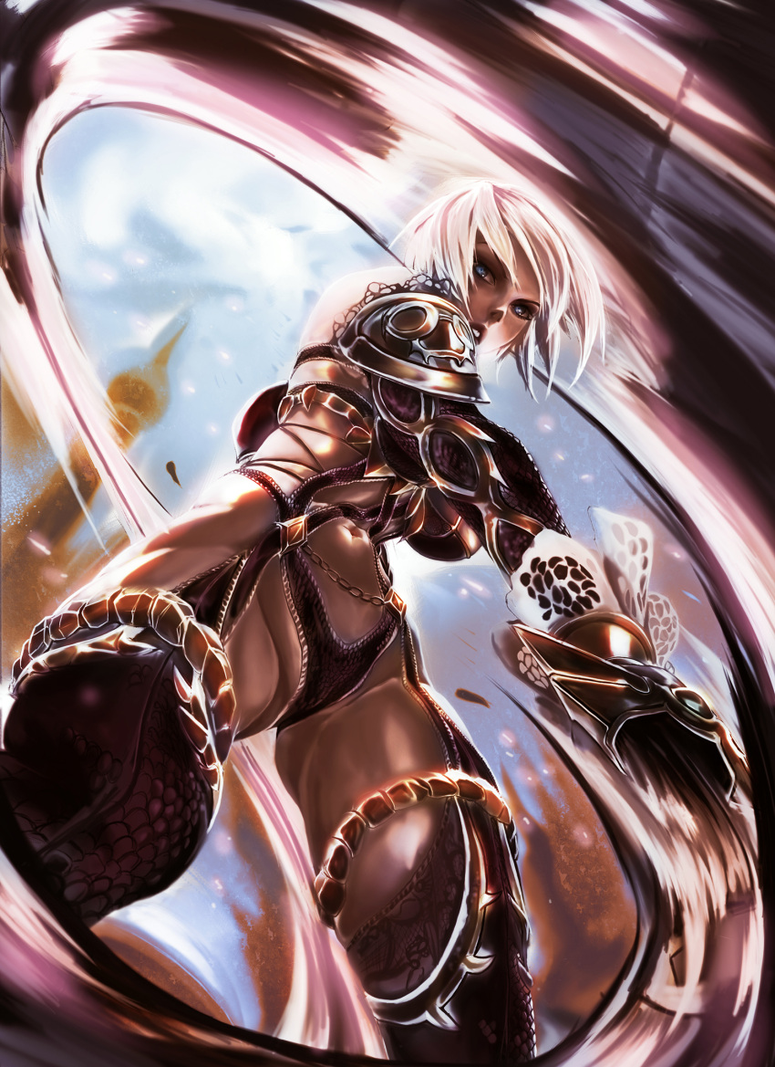 1girl armor breasts commentary english_commentary from_below gauntlets highres isabella_valentine judgmentboygold large_breasts lipstick makeup navel pauldrons purple_lipstick revealing_clothes short_hair single_gauntlet soul_calibur swinging sword thighs weapon whip whip_sword white_hair