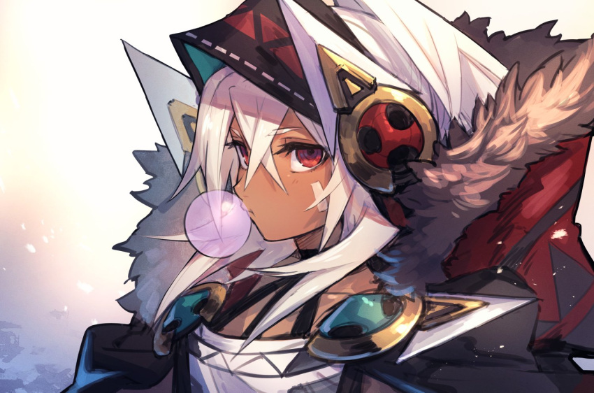 1girl azur_lane bandage bubble bubble_blowing chewing_gum dark_skin fur_trim hood hoodie mephist-pheles minneapolis_(azur_lane) red_eyes solo tan white_hair