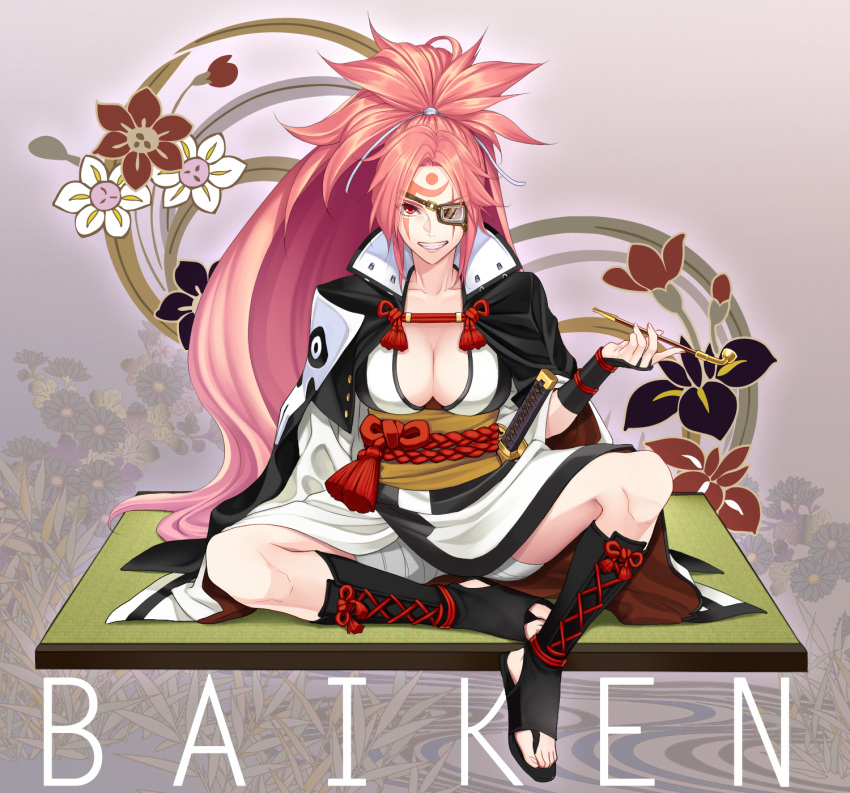 1girl baiken bandage black_jacket black_kimono boots breasts chimachi cleavage cross-laced_footwear eyepatch facial_tattoo flower full_body grin guilty_gear highres jacket japanese_clothes kataginu katana kimono kiseru large_breasts long_hair looking_at_viewer multicolored multicolored_clothes multicolored_kimono obi one-eyed open_clothes open_kimono pink_hair pink_lips pipe ponytail red_eyes samurai sash scar scar_across_eye sitting smile solo spread_legs sword tattoo toeless_boots very_long_hair weapon white_kimono