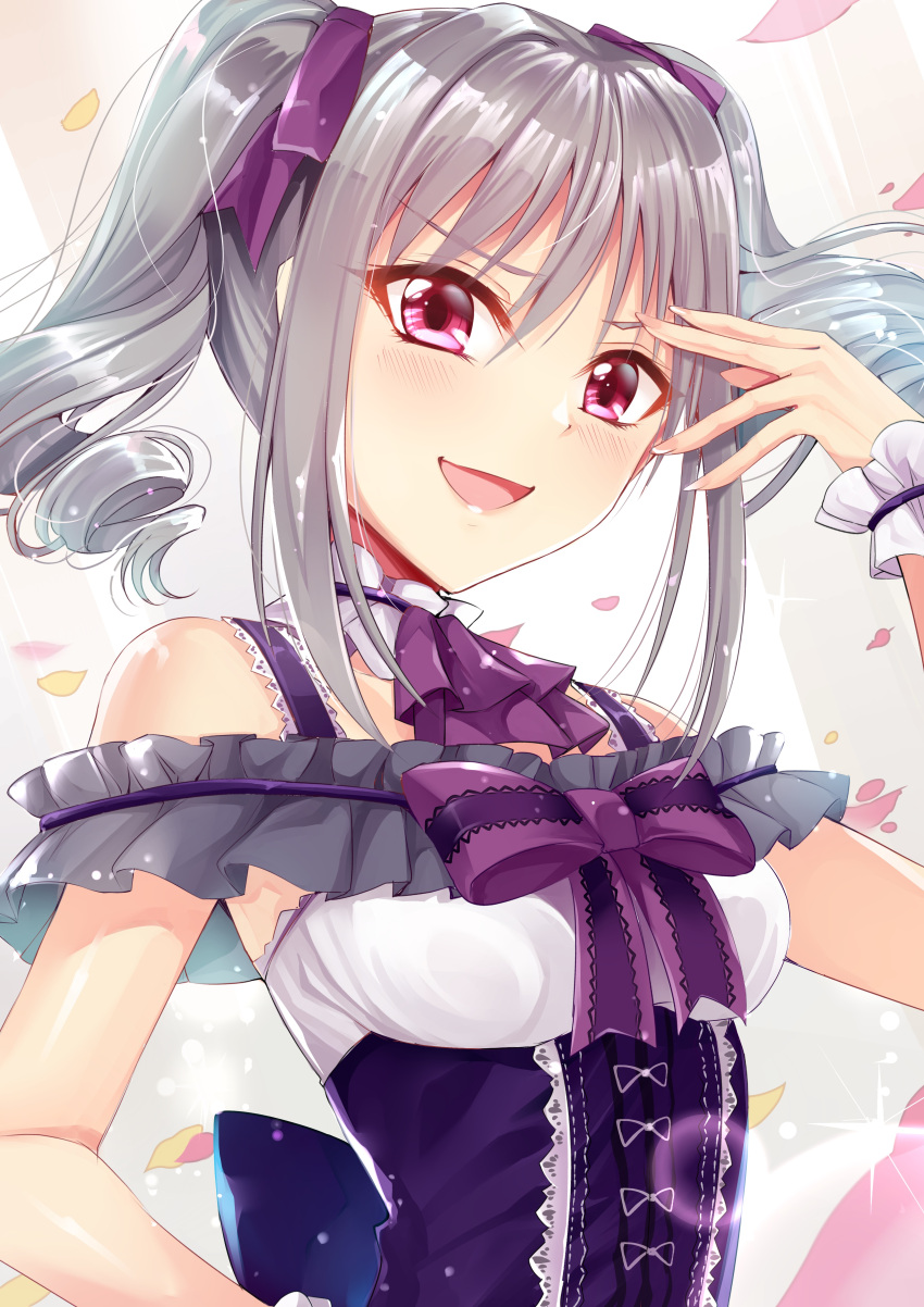 1girl :d absurdres ascot black_bow bow bowtie breasts choker eyebrows_visible_through_hair floating_hair gu_li hair_between_eyes hair_ribbon hand_on_hip highres idolmaster idolmaster_cinderella_girls kanzaki_ranko long_hair looking_at_viewer open_mouth purple_bow purple_neckwear purple_ribbon red_eyes ribbon shiny shiny_hair silver_hair sleeveless small_breasts smile solo sparkle twintails upper_body wrist_cuffs