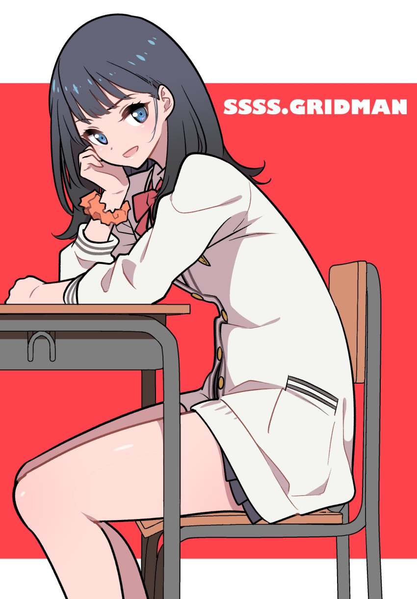 1girl bangs black_hair blue_eyes cardigan chair desk highres kidanieru long_hair looking_at_viewer school_uniform scrunchie sitting ssss.gridman takarada_rikka thighs wrist_scrunchie