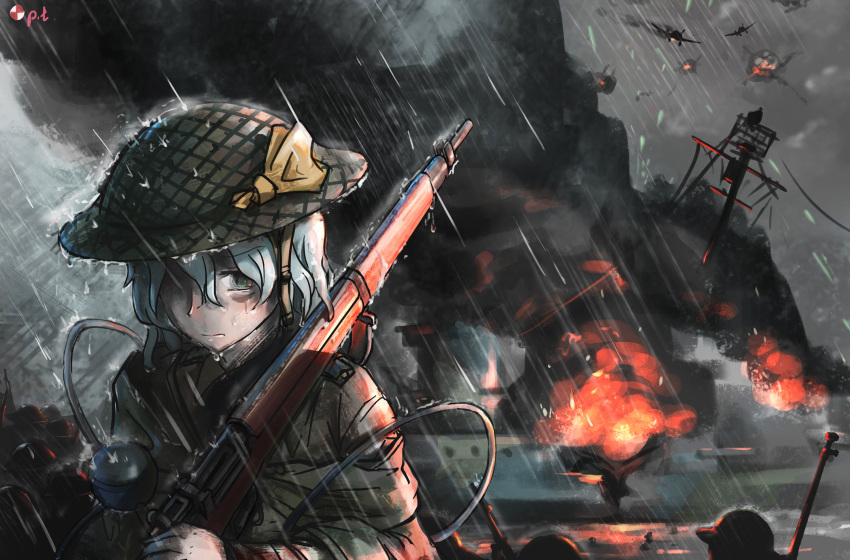 1girl 6+others aircraft airplane blue_hair british_army carrying chinese_commentary clouds cloudy_sky commentary_request explosion green_eyes gun helmet highres komeiji_koishi lee-enfield lolipantherwww looking_at_viewer multiple_others ocean rain rifle shaded_face ship short_hair shoulder_carry sketch sky solo_focus tears third_eye touhou uniform upper_body watercraft weapon wet wet_clothes wet_hair world_war_ii