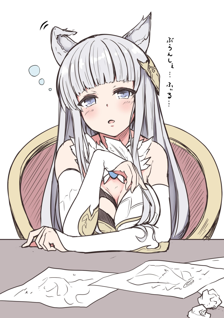 1girl animal_ears asymmetrical_clothes bangs bare_shoulders blue_eyes blunt_bangs blush breasts cleavage commentary_request dress elbow_gloves erune gloves granblue_fantasy hair_ornament highres korwa large_breasts long_hair open_mouth paper quill silver_hair sitting solo table tatsuno_(saya-tatsuno) translation_request white_gloves