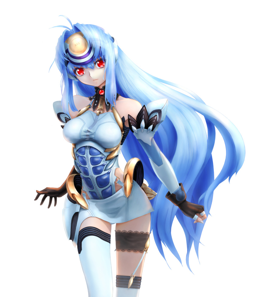 1girl android blue_hair breasts commentary_request cyborg erufa_(pixiv) forehead_protector gloves highres kos-mos long_hair looking_at_viewer red_eyes solo xenosaga