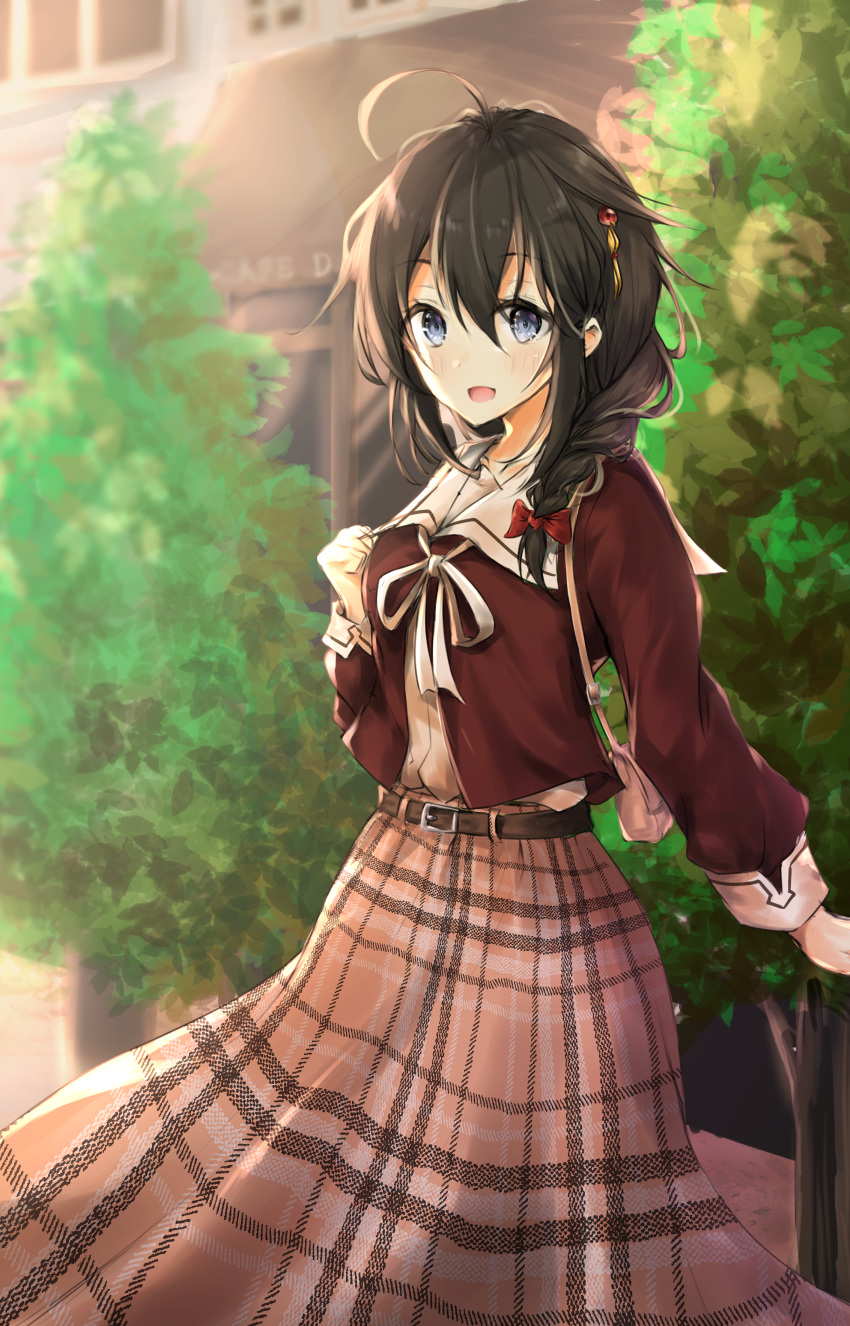 1girl :d absurdres ahoge bangs belt_buckle blue_eyes blurry blurry_background blush bow braid breasts brown_belt brown_jacket brown_shirt brown_skirt buckle commentary_request day depth_of_field eyebrows_visible_through_hair hair_between_eyes hair_bow hair_ornament hair_over_shoulder hand_up highres jacket kantai_collection long_hair long_sleeves looking_at_viewer neck_ribbon open_mouth outdoors plaid plaid_skirt red_bow ribbon sailor_collar shigure_(kantai_collection) shirt single_braid skirt small_breasts smile solo standing uzuki_tsukuyo white_ribbon white_sailor_collar