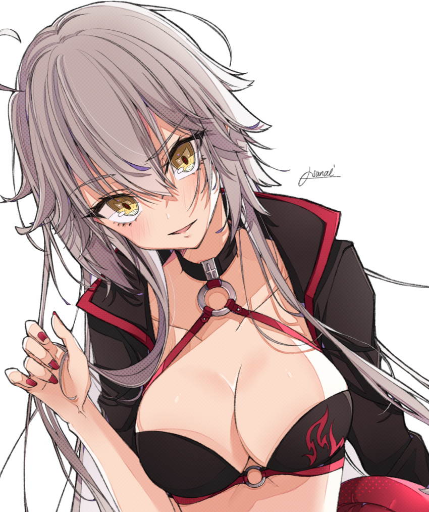 1girl bikini black_bikini black_gloves black_jacket breasts choker cleavage fate/grand_order fate_(series) gloves grey_hair hair_between_eyes highres jacket jeanne_d'arc_(alter_swimsuit_berserker) jeanne_d'arc_(fate)_(all) large_breasts long_hair looking_at_viewer o-ring o-ring_bikini o-ring_top osanai shrug_(clothing) signature simple_background solo swimsuit upper_body white_background yellow_eyes